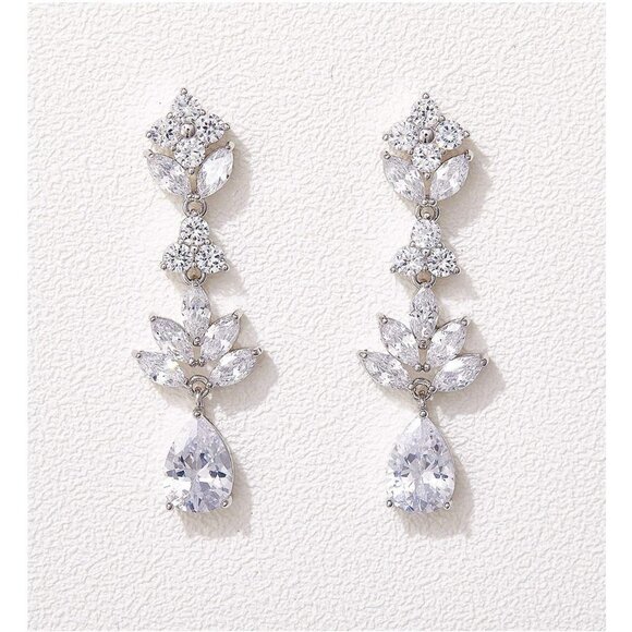 Women's Silver Crystal Cubic Zirconia Bridal Drop Teardrop Wedding Earrings - Picture 1 of 7